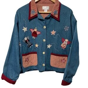Vintage Casey Coleman Denim Embroidery Angels Lined Shacket M/L Corduroy Pockets
